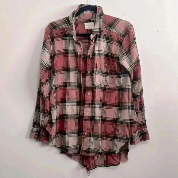 American Eagle Pink Ripped Distressed Plaid Flannel Oversized Fit Top Size S - Picture 3 of 7